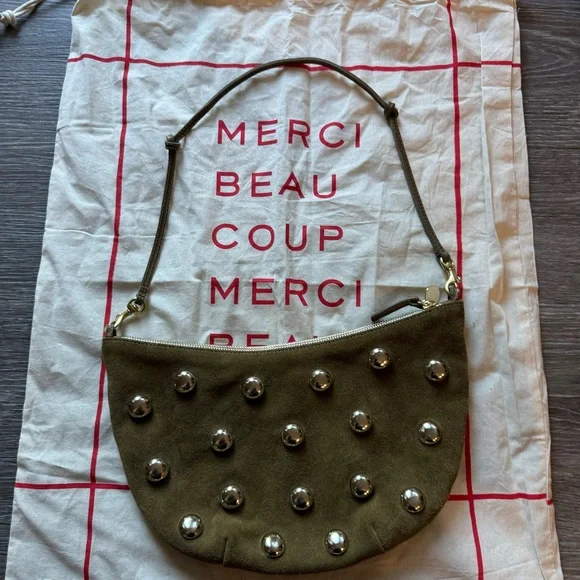 CLARE V Vivier Lune Shoulder Bag Oat Suede with Studs Studded Handbag - Picture 4 of 4